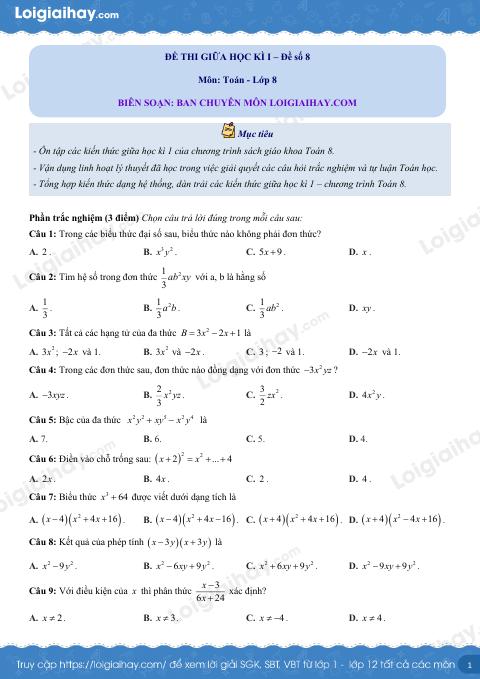 Đề thi giữa kì 1 Toán 8 - Đề số 8
